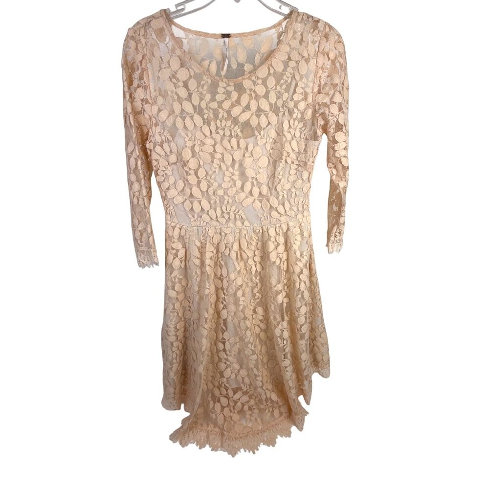 Free People Lace Overlay Skater Dress 3/4-Sleeve Asymmetrical Hem Size 6